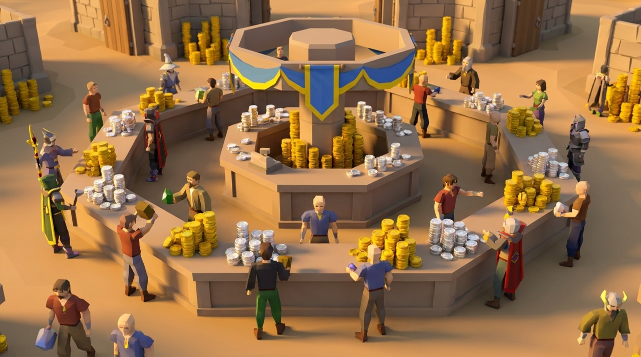 The Grand Exchange trading hub at golden hour — the central clerk desk with its blue-and-gold banner, crowds of traders, and stacks of gold coins and platinum tokens on the counters