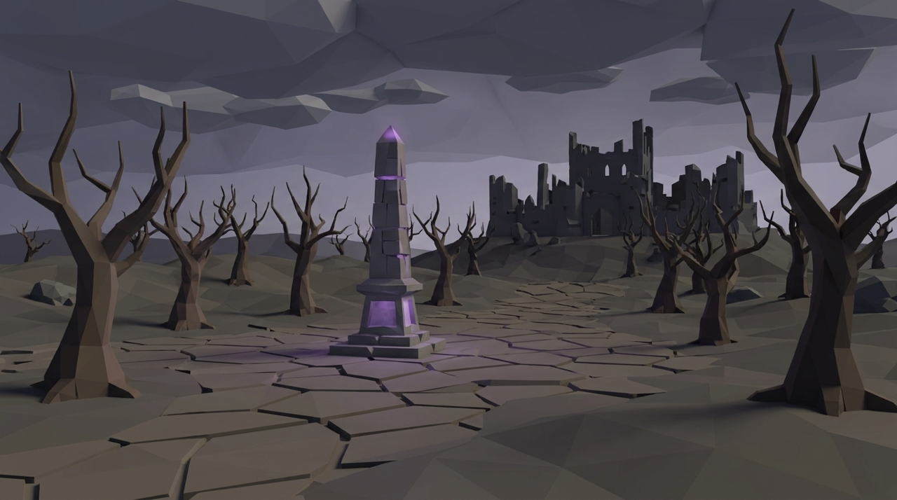 The Old School RuneScape Wilderness at dusk — a bleak grey-purple wasteland with a glowing stone obelisk, dead trees and a ruined castle